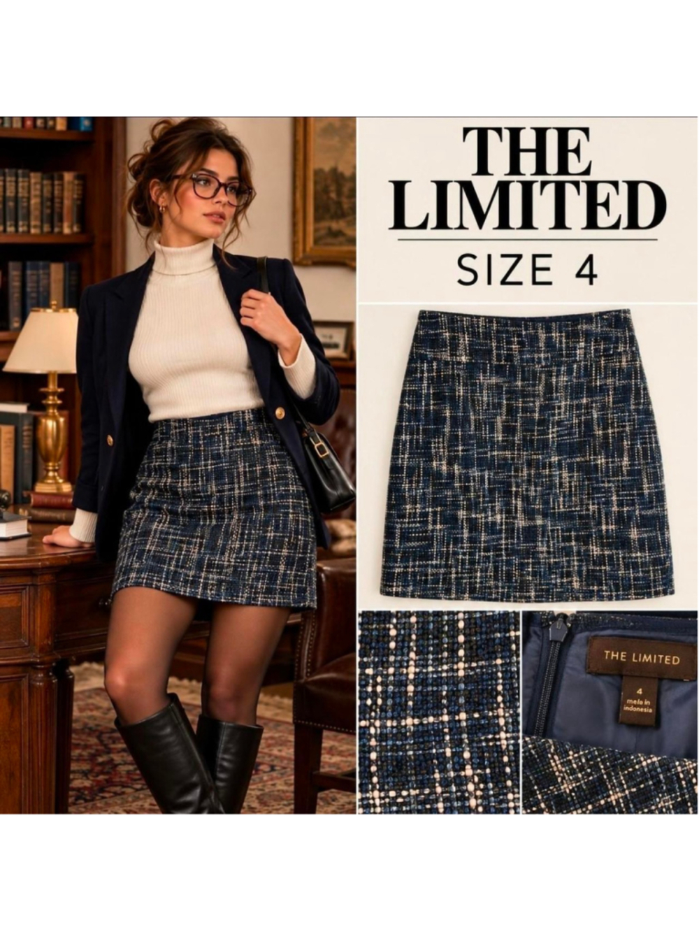 The Limited Size 4 Navy Blue Tweed Mini Skirt Lined Preppy Office